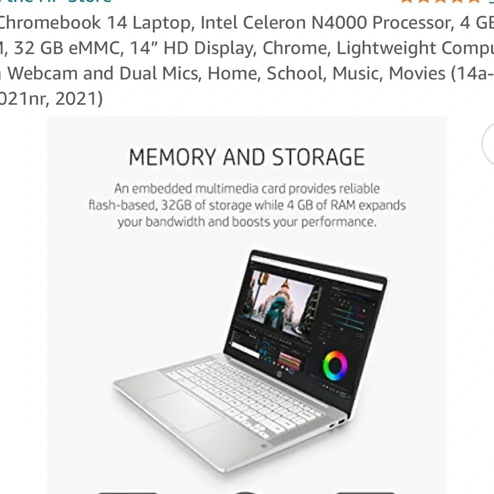 HP Chromebook 14 Laptop, Intel Celeron N4000 Processor, 4 GB RAM, 32 GB eMMC.